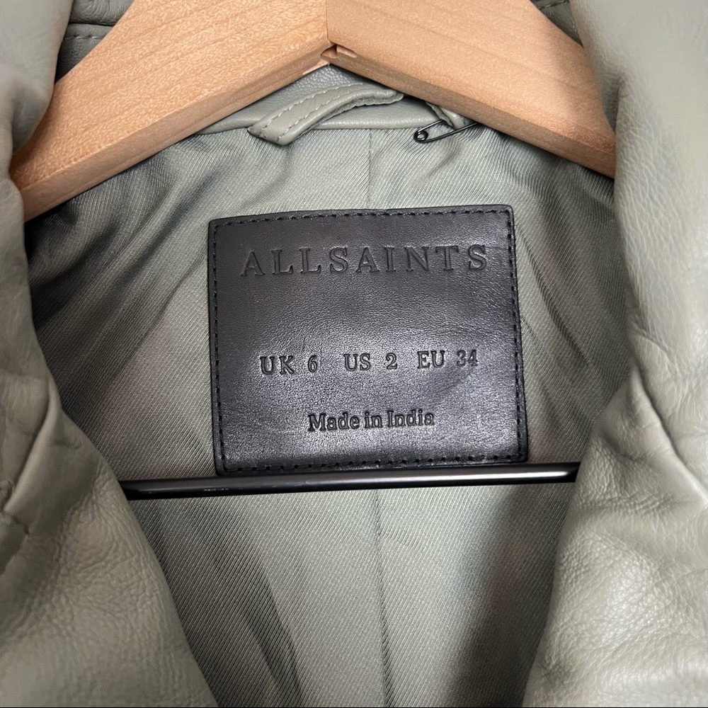 NEW ALL SAINTS Balfern Leather Biker Jacket In Sage Green, Size 2 - Picture 6 of 16